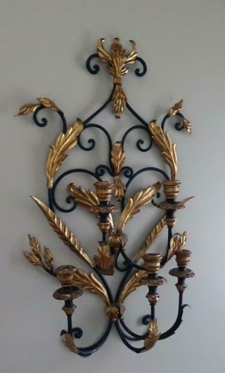 33” Antique Wrought Iron Gold Gilt 5 Sconce Candelabra Candle Holder Wall Mount