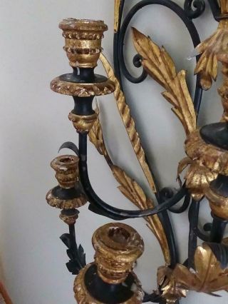 33” Antique Wrought Iron Gold Gilt 5 Sconce Candelabra Candle Holder Wall Mount 8