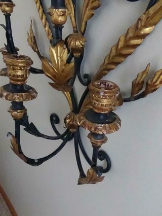 33” Antique Wrought Iron Gold Gilt 5 Sconce Candelabra Candle Holder Wall Mount 9