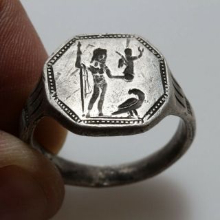 Ancient Greek Silver Seal Ring With Depiction Zeus Holding Nike At Feet Eagle Ca