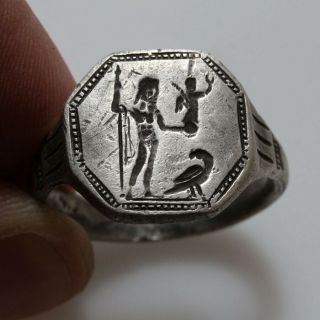 ANCIENT GREEK SILVER SEAL RING WITH DEPICTION ZEUS HOLDING NIKE AT FEET EAGLE CA 2
