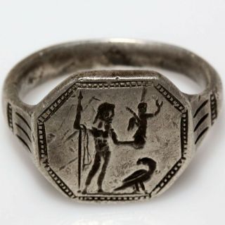 ANCIENT GREEK SILVER SEAL RING WITH DEPICTION ZEUS HOLDING NIKE AT FEET EAGLE CA 3