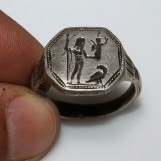 ANCIENT GREEK SILVER SEAL RING WITH DEPICTION ZEUS HOLDING NIKE AT FEET EAGLE CA 5