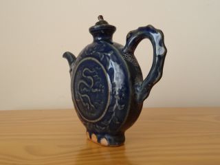 c.  15th - Antique Chinese China Yuan Ming Dragon Porcelain Blue Tea Pot Flask 3