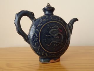 c.  15th - Antique Chinese China Yuan Ming Dragon Porcelain Blue Tea Pot Flask 5