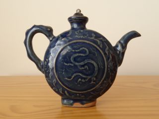 c.  15th - Antique Chinese China Yuan Ming Dragon Porcelain Blue Tea Pot Flask 6