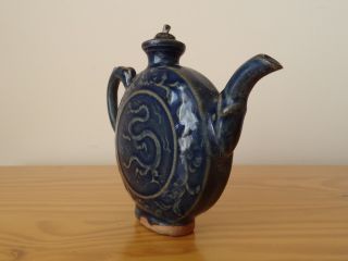 c.  15th - Antique Chinese China Yuan Ming Dragon Porcelain Blue Tea Pot Flask 7