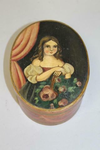 Rare 19th C Oval Shaker Type Pantry Box With A Painted Portrait Of Young Girl