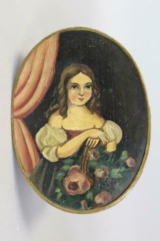 RARE 19TH C OVAL SHAKER TYPE PANTRY BOX WITH A PAINTED PORTRAIT OF YOUNG GIRL 2