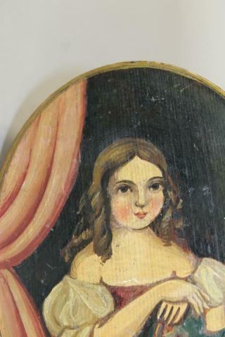 RARE 19TH C OVAL SHAKER TYPE PANTRY BOX WITH A PAINTED PORTRAIT OF YOUNG GIRL 4