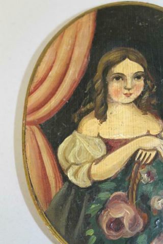 RARE 19TH C OVAL SHAKER TYPE PANTRY BOX WITH A PAINTED PORTRAIT OF YOUNG GIRL 5
