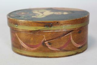 RARE 19TH C OVAL SHAKER TYPE PANTRY BOX WITH A PAINTED PORTRAIT OF YOUNG GIRL 8