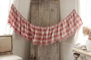 Check Valance Antique French Vichy Ruffle Bed Surround W/ Trim C1820 Pink Faded
