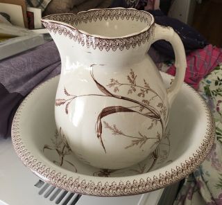 Aesthetic Antique Brown Transferware Ironstone Bowl & Pitcher Summertime Trboote