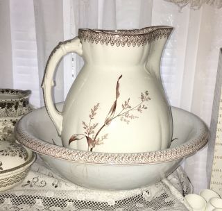 AESTHETIC Antique BROWN TRANSFERWARE Ironstone BOWL & PITCHER SUMMERTIME TRBOOTE 3