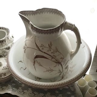 AESTHETIC Antique BROWN TRANSFERWARE Ironstone BOWL & PITCHER SUMMERTIME TRBOOTE 9
