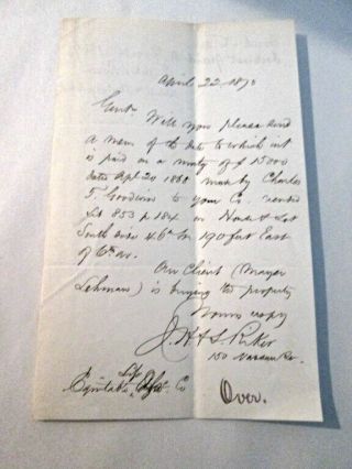 Letter From J H Riker (1st Nyc Law Firm) Re: Mayer Lehman (lehman Bros. ) 1870