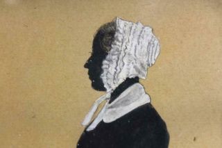 RARE 19TH C CUT AND PAINTED DOUBLE SILHOUETTE OF SCHOOLMARM & BOY WITH BOOKS 7