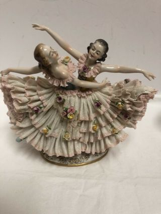 Antique Large Dresden Porcelain Lace Ballerinas Figurine On Gold Base Huge