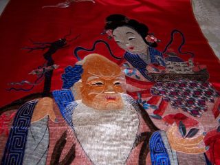 Antique Chinese silk embroidered tapestry of Immortal Shou Lao,  stag,  attendant 5