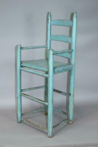 A 18TH CENTURY CHILD ' S 3 SLAT LADDERBACK ARMCHAIR HIGHCHAIR OLD BLUE PAINT 2