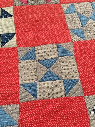 STUNNING IN RED ANTIQUE HANDMADE HOUR GLASS CHURN DASH QUILT 66 