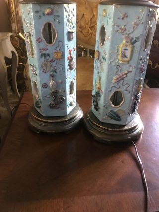 Vintage China Chinese Porcelain Enamel Hexagon Vase Lamps 2 10