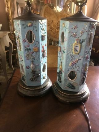 Vintage China Chinese Porcelain Enamel Hexagon Vase Lamps 2