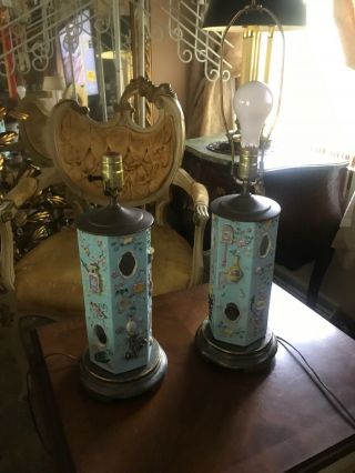 Vintage China Chinese Porcelain Enamel Hexagon Vase Lamps 2 4