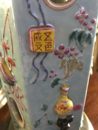 Vintage China Chinese Porcelain Enamel Hexagon Vase Lamps 2 8