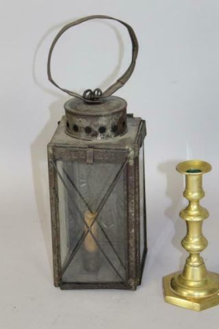 Very Rare 19th C Tin And Glass Hanging Lantern With Embossed Reflector