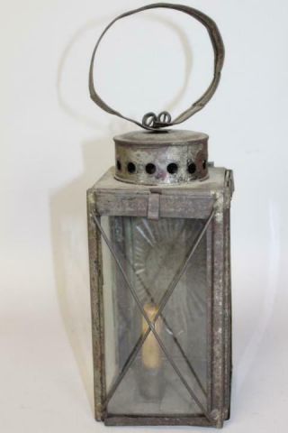 VERY RARE 19TH C TIN AND GLASS HANGING LANTERN WITH EMBOSSED REFLECTOR 2