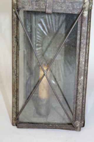 VERY RARE 19TH C TIN AND GLASS HANGING LANTERN WITH EMBOSSED REFLECTOR 3