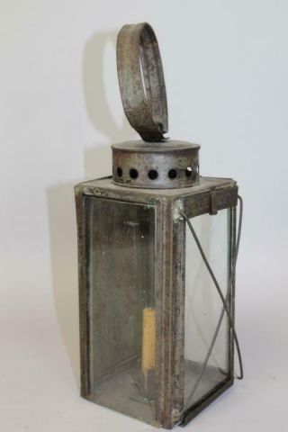 VERY RARE 19TH C TIN AND GLASS HANGING LANTERN WITH EMBOSSED REFLECTOR 4