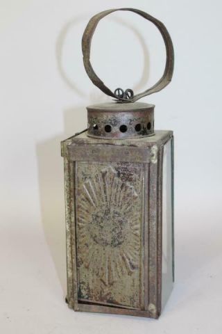 VERY RARE 19TH C TIN AND GLASS HANGING LANTERN WITH EMBOSSED REFLECTOR 5