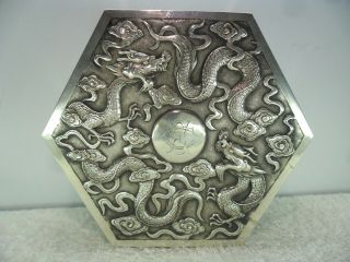 Chinese Solid Silver Dragon Table Trinket Box By Wing Chun Hong Kong C1900