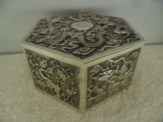 CHINESE Solid Silver DRAGON Table Trinket Box by Wing Chun Hong Kong c1900 3