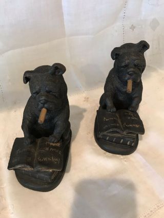 Antique Cast Iron Bulldog Bookends Smoking Cigars,  As Found