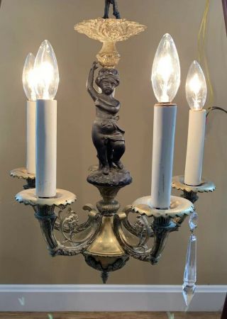 Antique French Victorian Bronze Petite Cherub Chandelier 5 Light 9