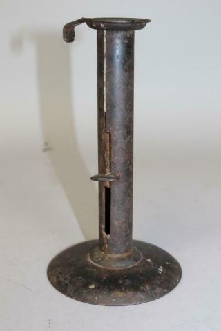 A Rare 18th C Rolled Iron Hogscraper Candlestick In Old Grungy Black Surface