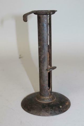 A RARE 18TH C ROLLED IRON HOGSCRAPER CANDLESTICK IN OLD GRUNGY BLACK SURFACE 2