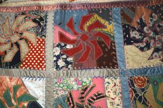 DAZZLING Vintage Pinwheel Crazy Antique Quilt Signed & Dated DENSE EMBROIDERY 10