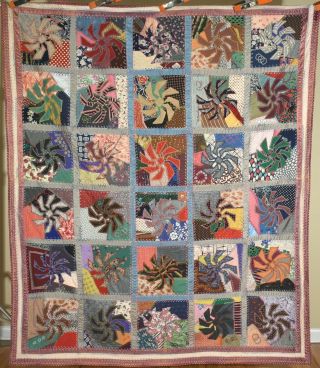 Dazzling Vintage Pinwheel Crazy Antique Quilt Signed & Dated Dense Embroidery