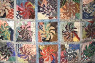 DAZZLING Vintage Pinwheel Crazy Antique Quilt Signed & Dated DENSE EMBROIDERY 2
