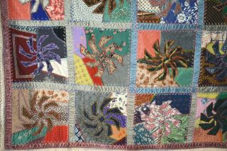 DAZZLING Vintage Pinwheel Crazy Antique Quilt Signed & Dated DENSE EMBROIDERY 3