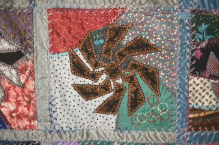 DAZZLING Vintage Pinwheel Crazy Antique Quilt Signed & Dated DENSE EMBROIDERY 6