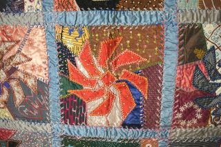 DAZZLING Vintage Pinwheel Crazy Antique Quilt Signed & Dated DENSE EMBROIDERY 8