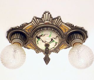 Antique 1920s Art Deco Glf Starburst 2 Light Silver Flush Mount Ceiling Fixture