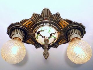 Antique 1920s Art Deco GLF Starburst 2 Light Silver Flush Mount Ceiling Fixture 6