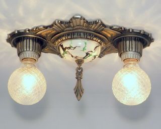 Antique 1920s Art Deco GLF Starburst 2 Light Silver Flush Mount Ceiling Fixture 7